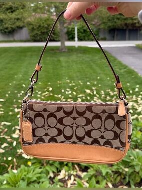 VTG Coach Mini Baguette Shoulder Demi Bag in Brown Signature C Canvas w Leather